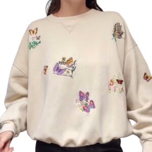 Vintage Russell Embroidered Butterfly Garden Tan Cream Crewneck Sweater XXL